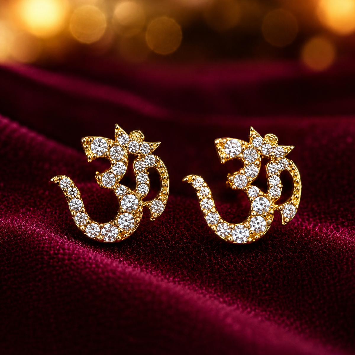 Om Stud Earrings for Men & Women – Gold Plated Brass Spiritual Om Symbol CZ Stone Earrings