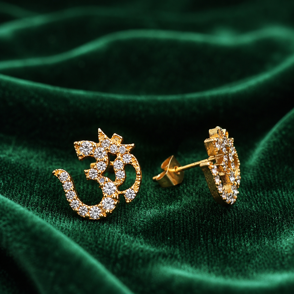 Om Stud Earrings for Men & Women – Gold Plated Brass Spiritual Om Symbol CZ Stone Earrings