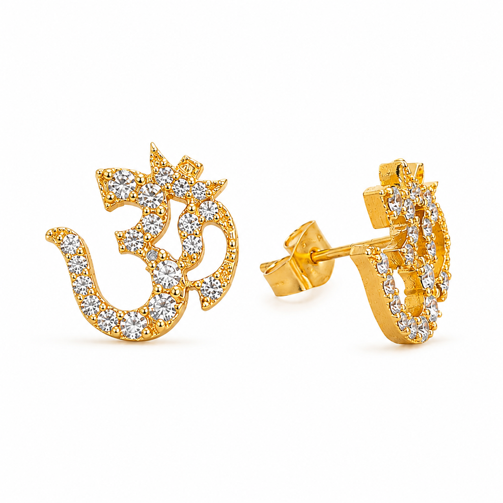 Om Stud Earrings for Men & Women – Gold Plated Brass Spiritual Om Symbol CZ Stone Earrings