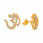 Om Stud Earrings for Men & Women – Gold Plated Brass Spiritual Om Symbol CZ Stone Earrings