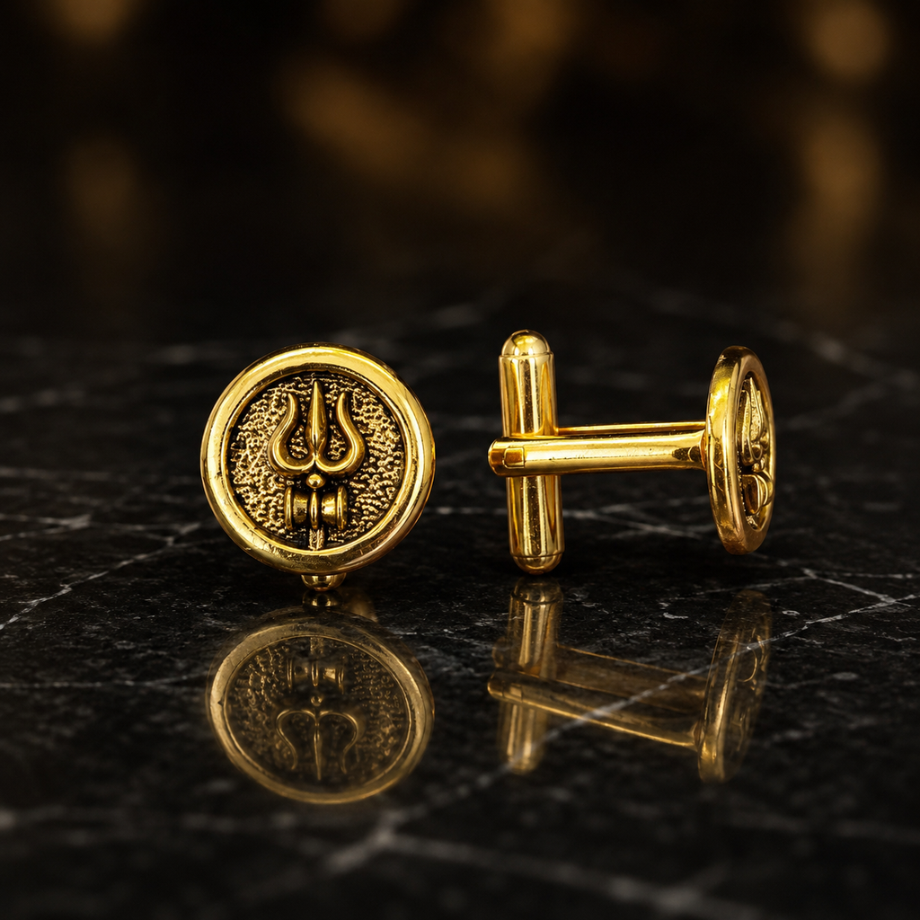 Round Trishul Cufflinks for Men – Gold Plated Brass Shiva Trishul Design Formal Cufflinks