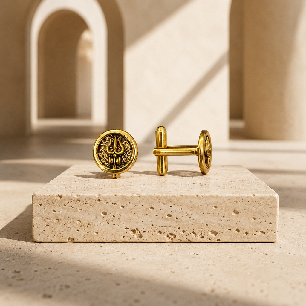Round Trishul Cufflinks for Men – Gold Plated Brass Shiva Trishul Design Formal Cufflinks