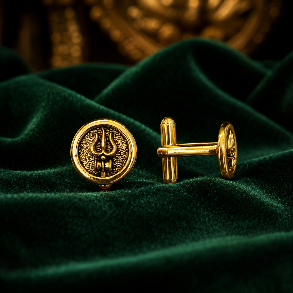Round Trishul Cufflinks for Men – Gold Plated Brass Shiva Trishul Design Formal Cufflinks