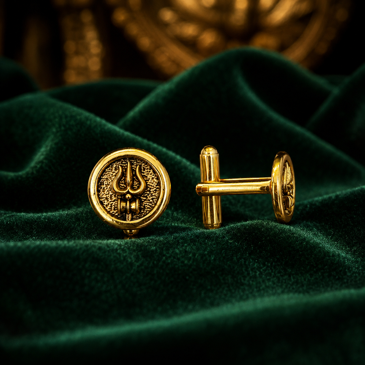 Round Trishul Cufflinks for Men – Gold Plated Brass Shiva Trishul Design Formal Cufflinks