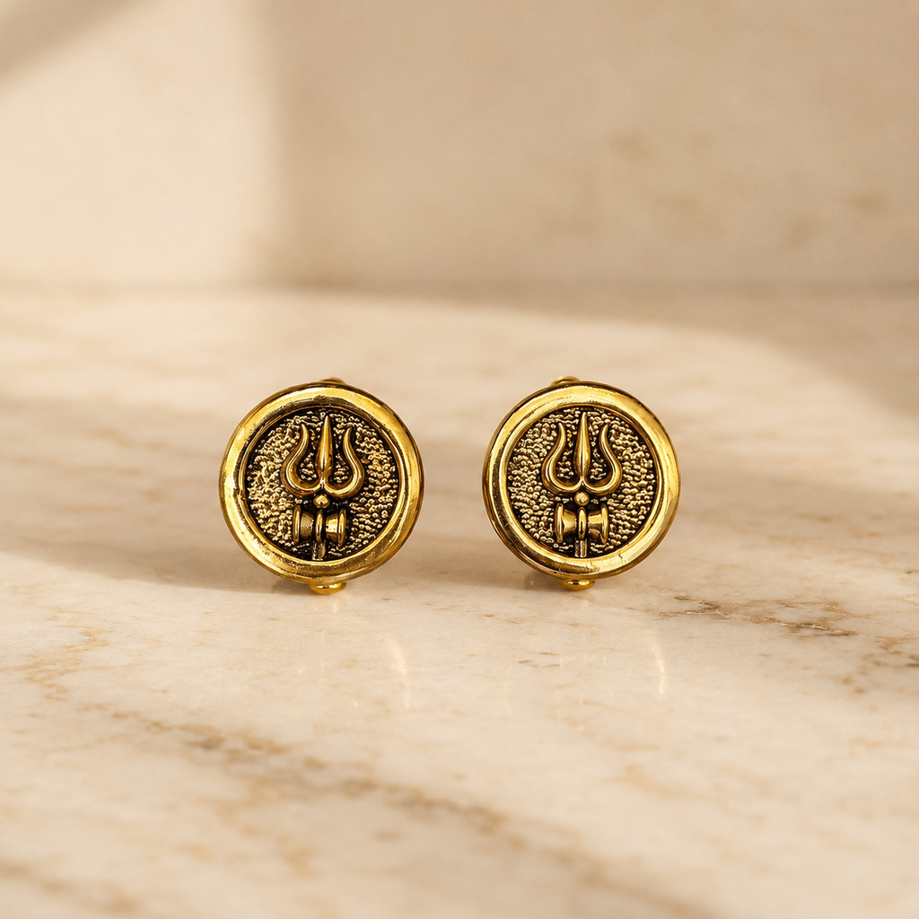 Round Trishul Cufflinks for Men – Gold Plated Brass Shiva Trishul Design Formal Cufflinks