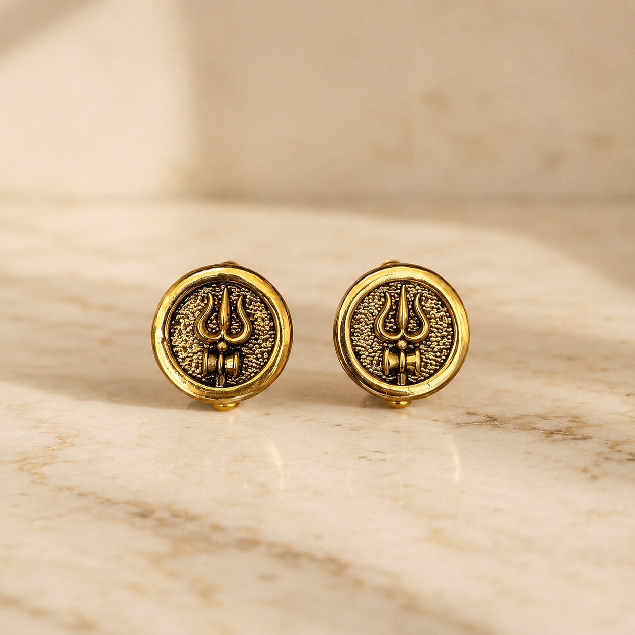 Round Trishul Cufflinks for Men – Gold Plated Brass Shiva Trishul Design Formal Cufflinks