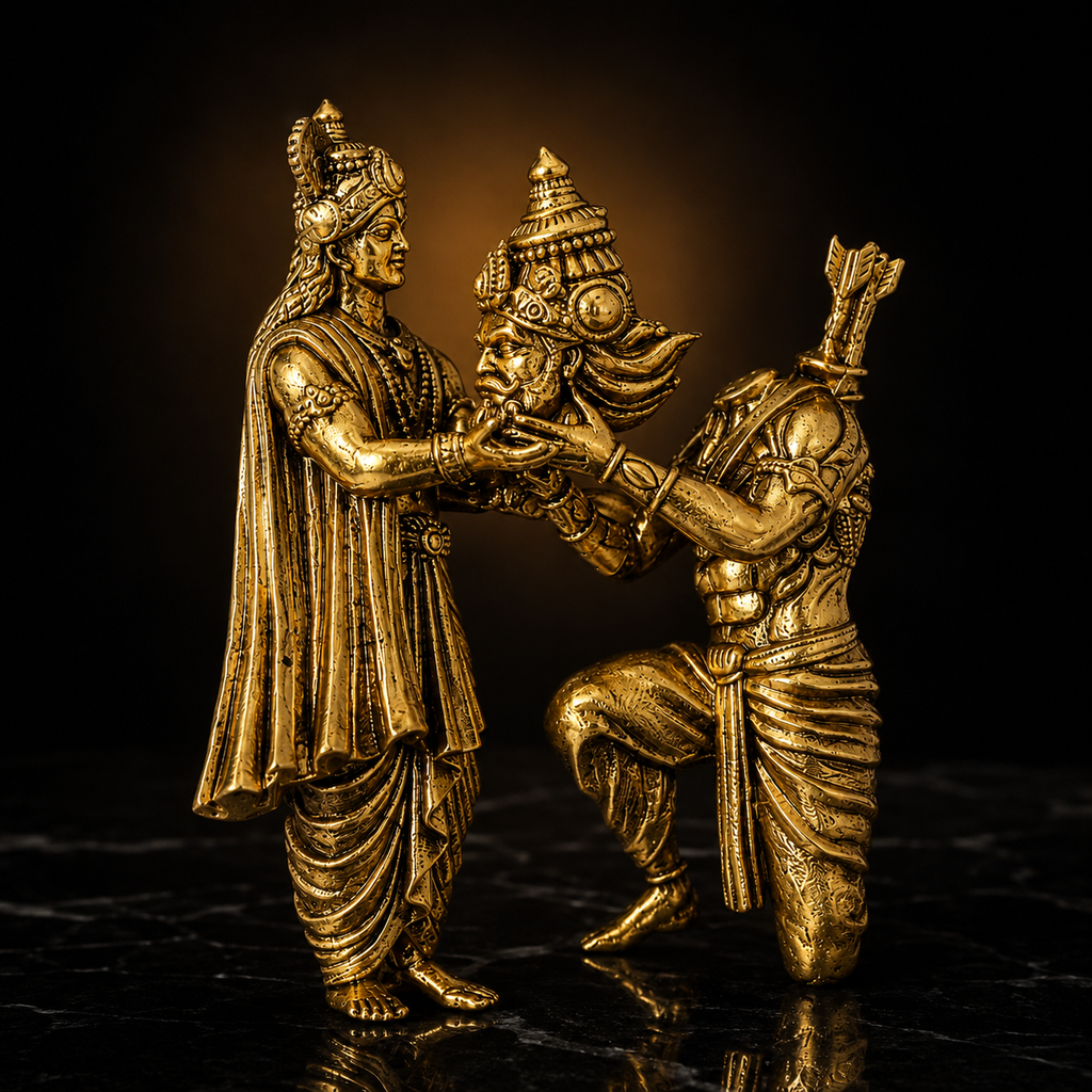Krishna Barbarik Blessing Brooch for Men & Women | Gold Plated Brass Religious Brooch | Lord Krishna & Barbarik Divine Blessing Pin |