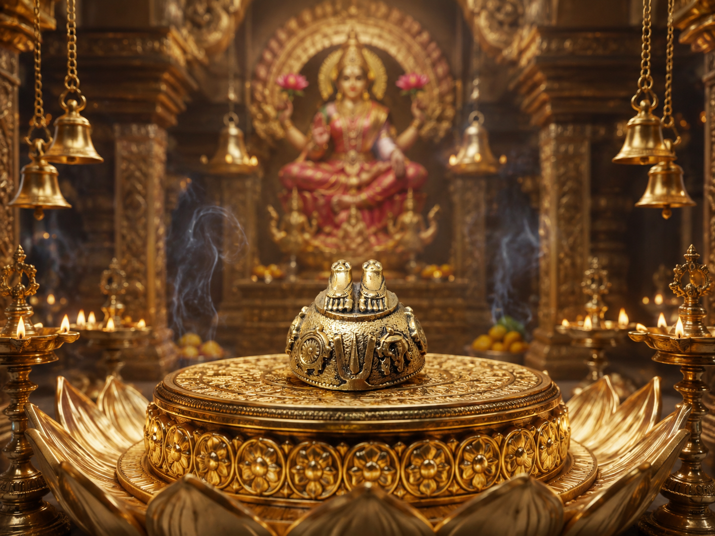 Antique Gold Plated Brass Laxmi Charan Paduka | Vishnu Tilak, Shankh Chakra | Sacred Pooja Idol for Home Temple & Diwali Gift