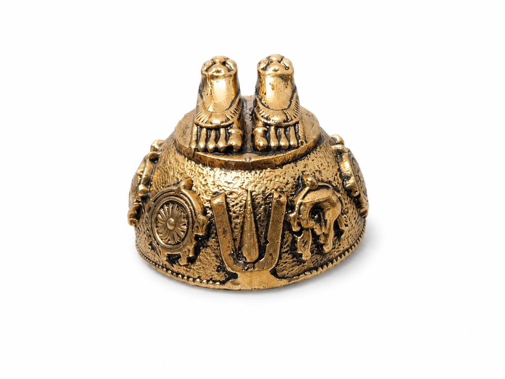 Antique Gold Plated Brass Laxmi Charan Paduka | Vishnu Tilak, Shankh Chakra | Sacred Pooja Idol for Home Temple & Diwali Gift