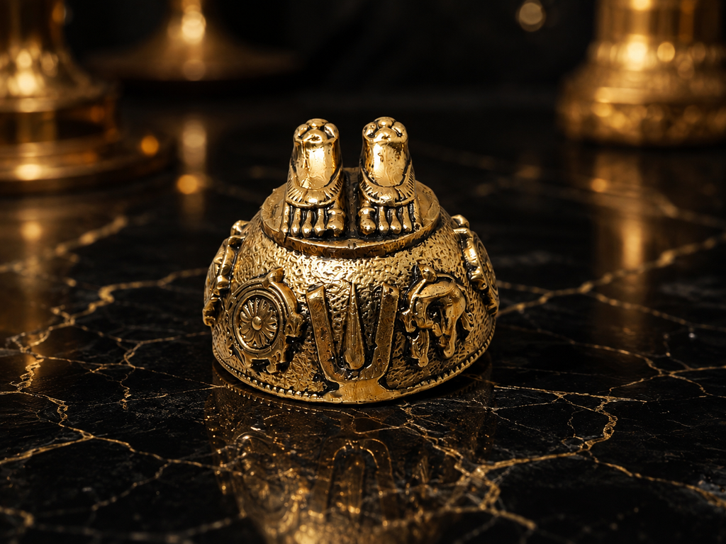 Antique Gold Plated Brass Laxmi Charan Paduka | Vishnu Tilak, Shankh Chakra | Sacred Pooja Idol for Home Temple & Diwali Gift