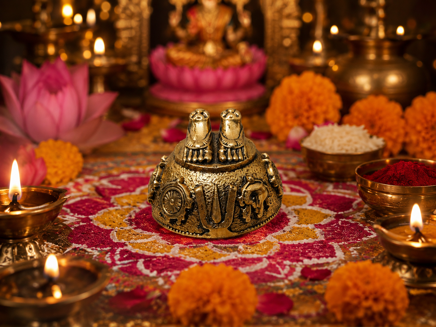 Antique Gold Plated Brass Laxmi Charan Paduka | Vishnu Tilak, Shankh Chakra | Sacred Pooja Idol for Home Temple & Diwali Gift