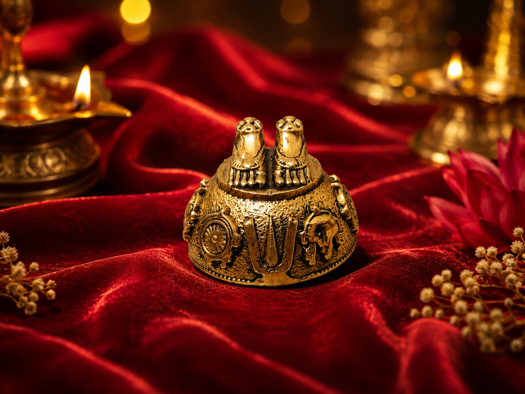 Antique Gold Plated Brass Laxmi Charan Paduka | Vishnu Tilak, Shankh Chakra | Sacred Pooja Idol for Home Temple & Diwali Gift