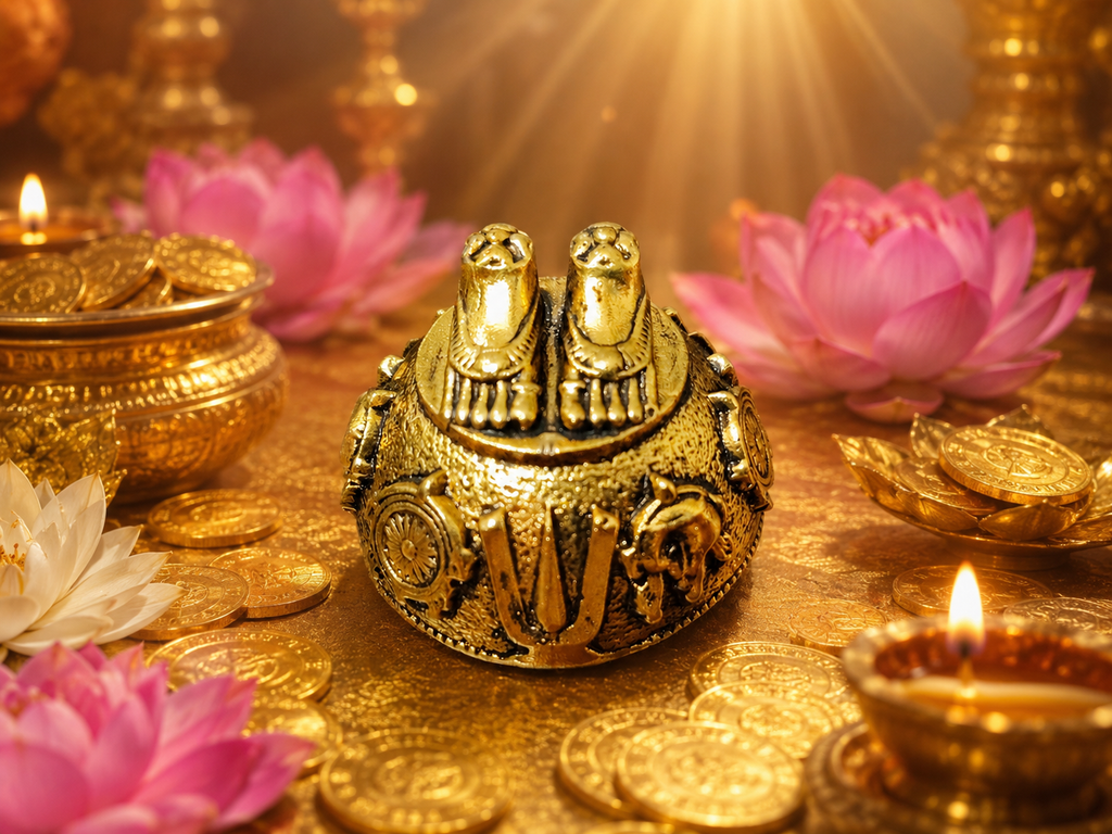 Antique Gold Plated Brass Laxmi Charan Paduka | Vishnu Tilak, Shankh Chakra | Sacred Pooja Idol for Home Temple & Diwali Gift