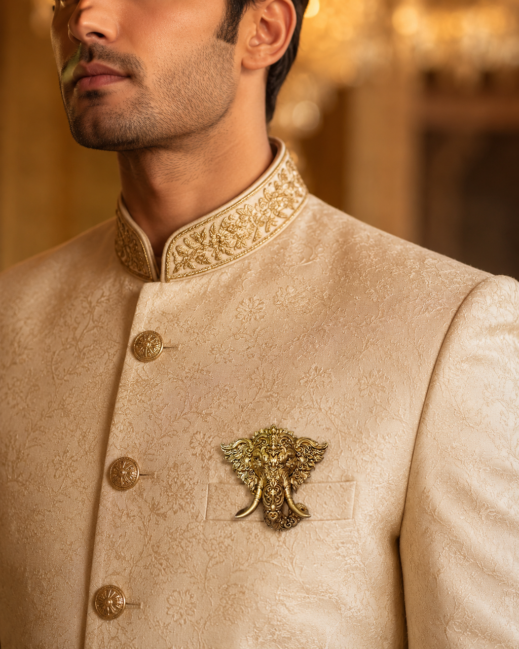 Gold Plated Brass Lord Ganesha Brooch – Antique Finish Ganpati Brooch Pin for Men & Women | Traditional Spiritual Lapel Pin |