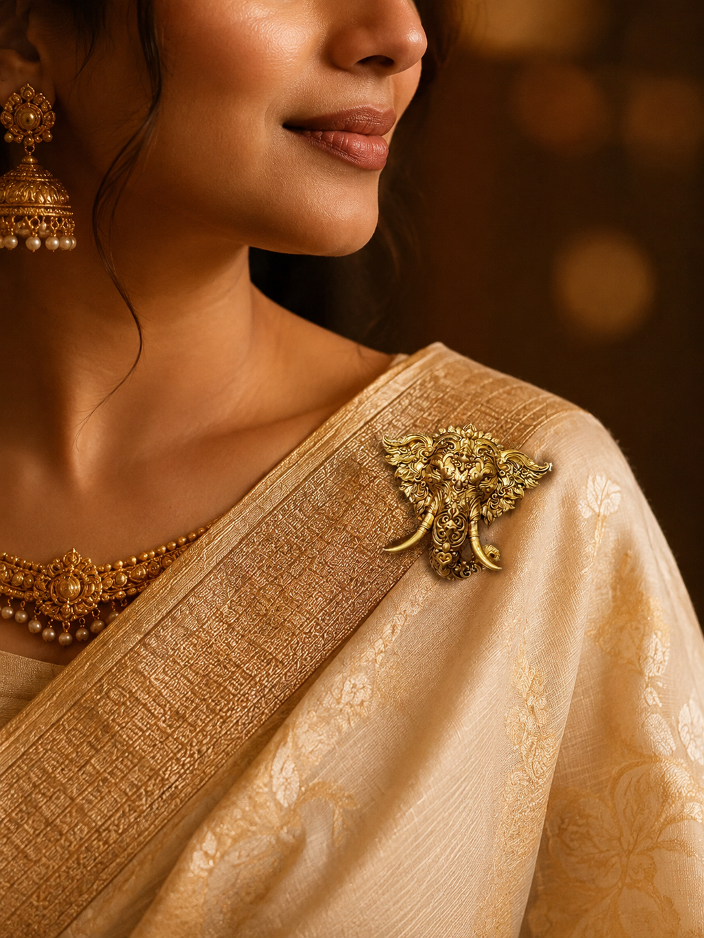 Gold Plated Brass Lord Ganesha Brooch – Antique Finish Ganpati Brooch Pin for Men & Women | Traditional Spiritual Lapel Pin |