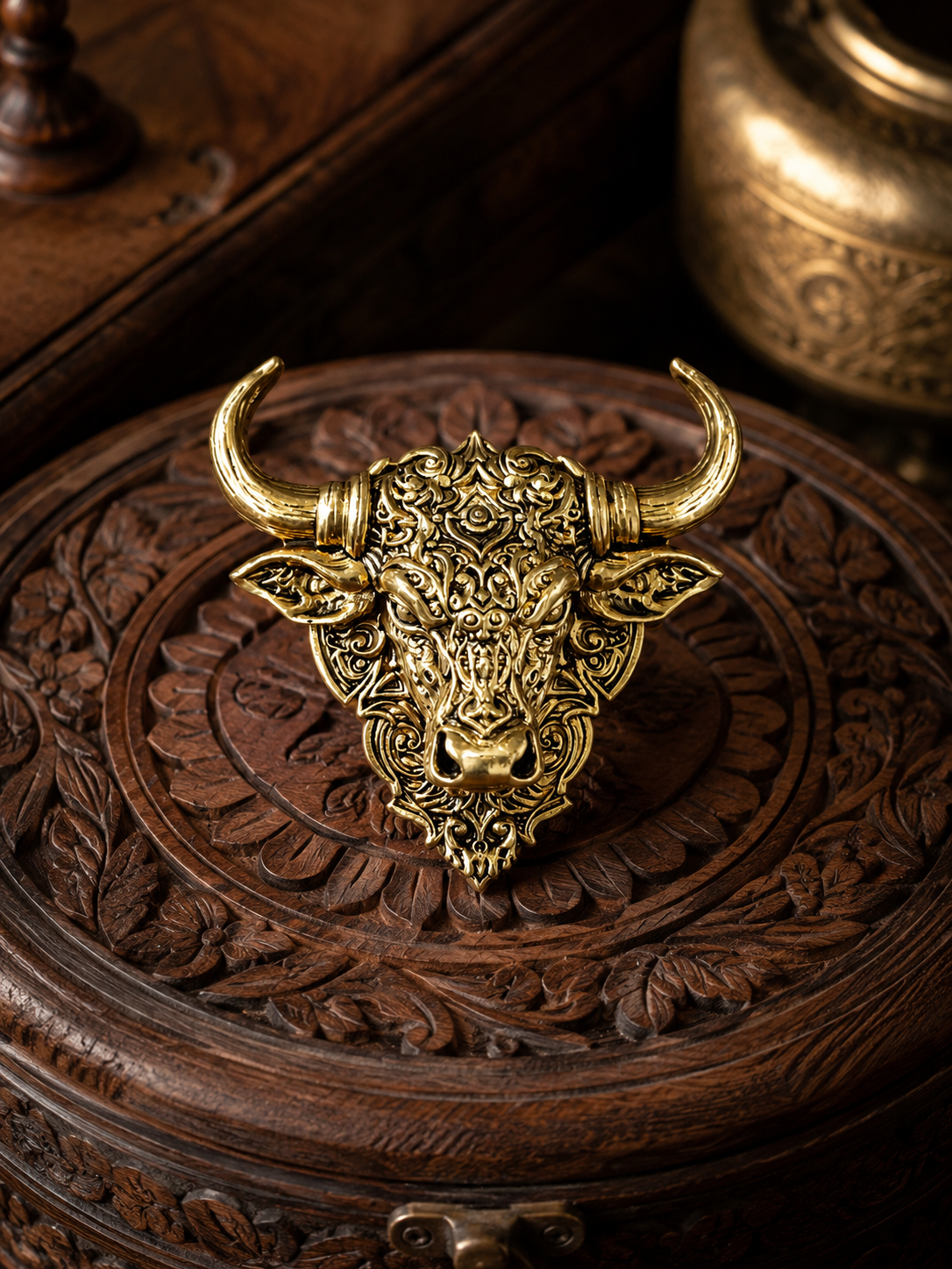 Gold Plated Brass Nandi Bull Brooch Pin for Men & Women | Lord Nandi Sacred Temple Jewelry | Antique Finish Lapel Pin for Blazer, Sherwani, Saree & Kurta