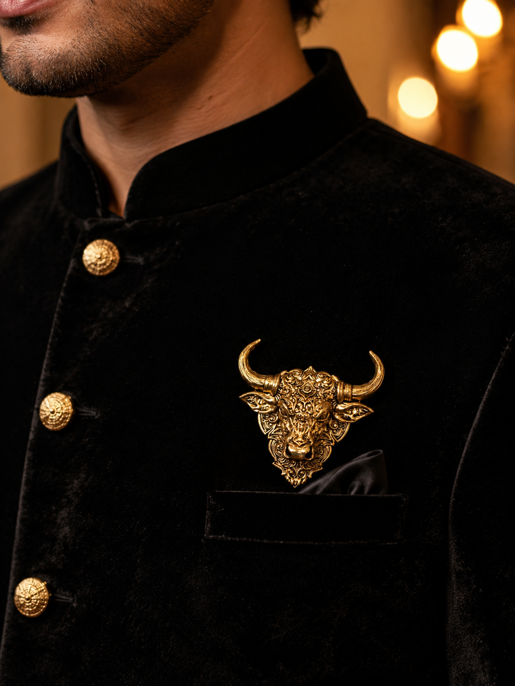 Gold Plated Brass Nandi Bull Brooch Pin for Men & Women | Lord Nandi Sacred Temple Jewelry | Antique Finish Lapel Pin for Blazer, Sherwani, Saree & Kurta