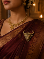 Gold Plated Brass Nandi Bull Brooch Pin for Men & Women | Lord Nandi Sacred Temple Jewelry | Antique Finish Lapel Pin for Blazer, Sherwani, Saree & Kurta