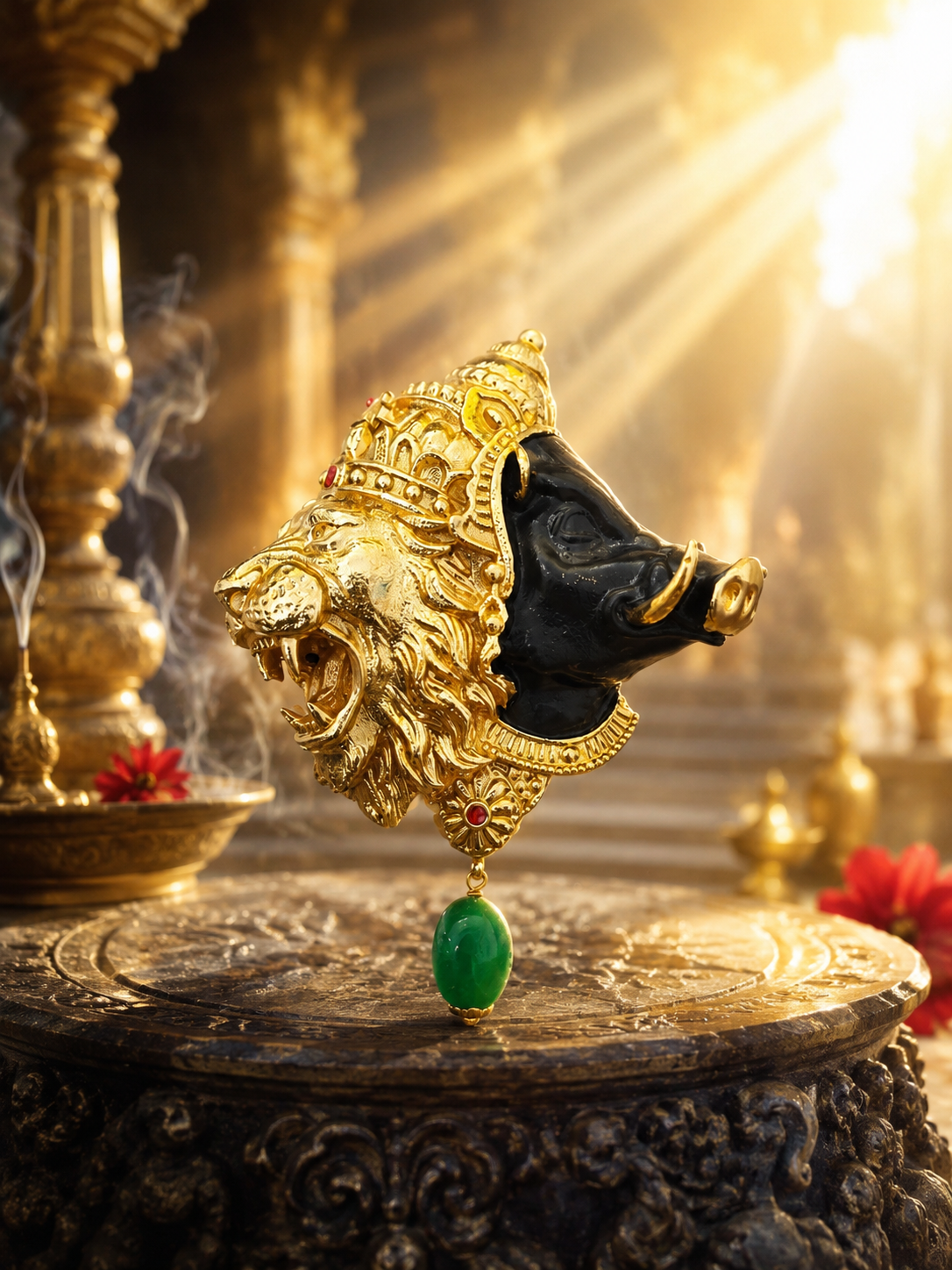 Gold Plated Brass Narasimha Varaha Avatar Brooch | Lord Vishnu Dashavatar Brooch | Handmade Spiritual Lapel Pin for Men & Women