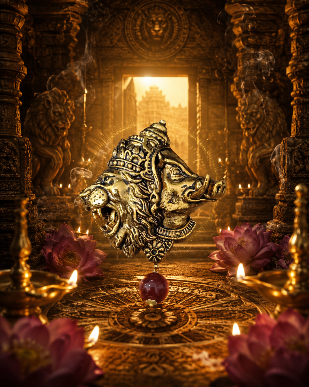 Gold Plated Brass Narasimha Varaha Avatar Brooch – Handmade Hindu God Brooch with Red Bead | Spiritual Lapel Pin for Men & Women