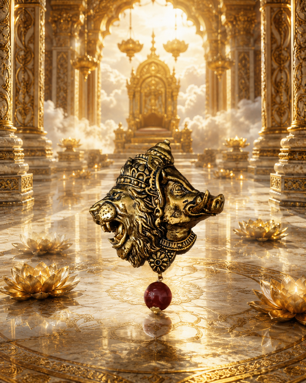 Gold Plated Brass Narasimha Varaha Avatar Brooch – Handmade Hindu God Brooch with Red Bead | Spiritual Lapel Pin for Men & Women