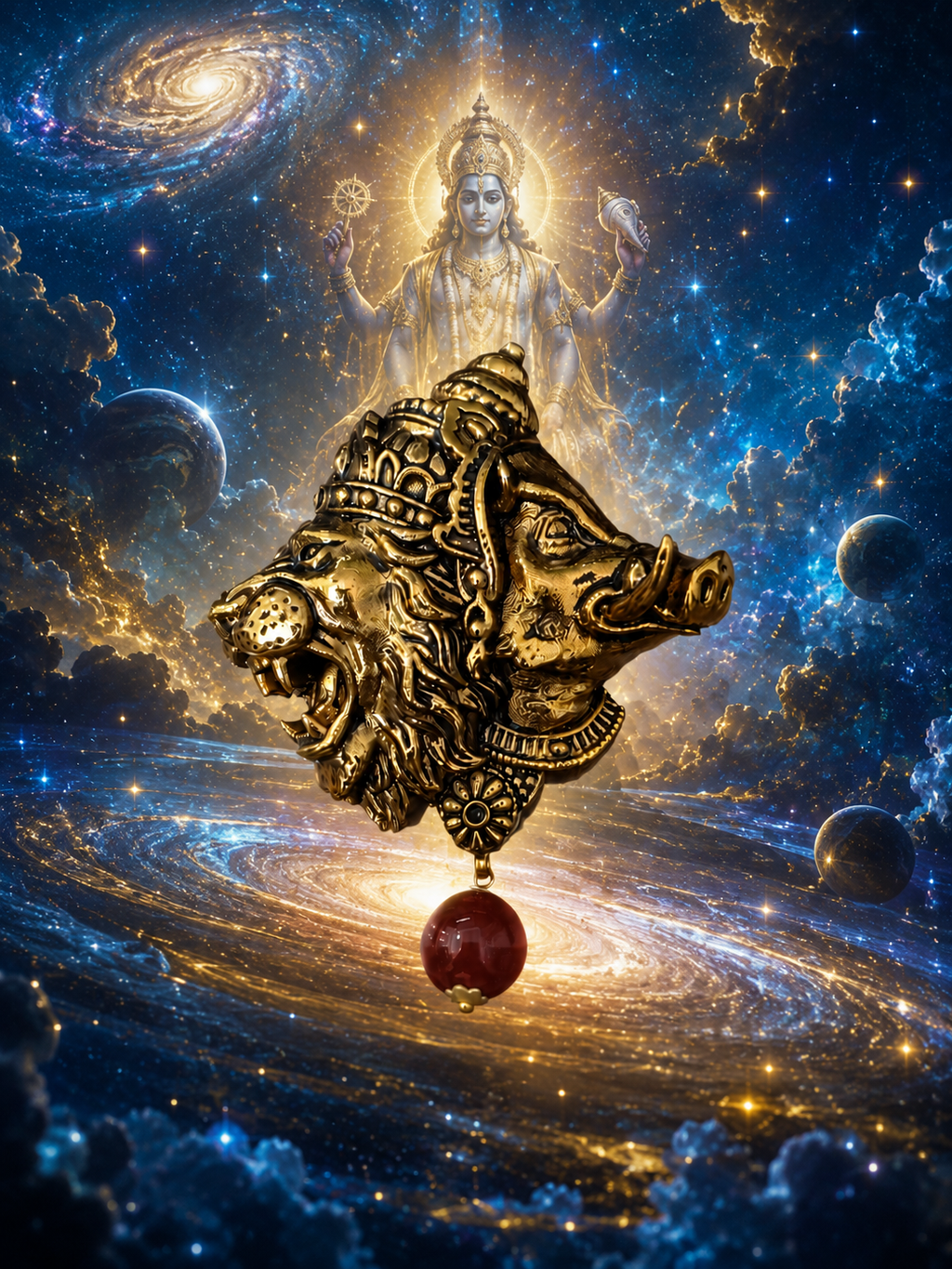 Gold Plated Brass Narasimha Varaha Avatar Brooch – Handmade Hindu God Brooch with Red Bead | Spiritual Lapel Pin for Men & Women