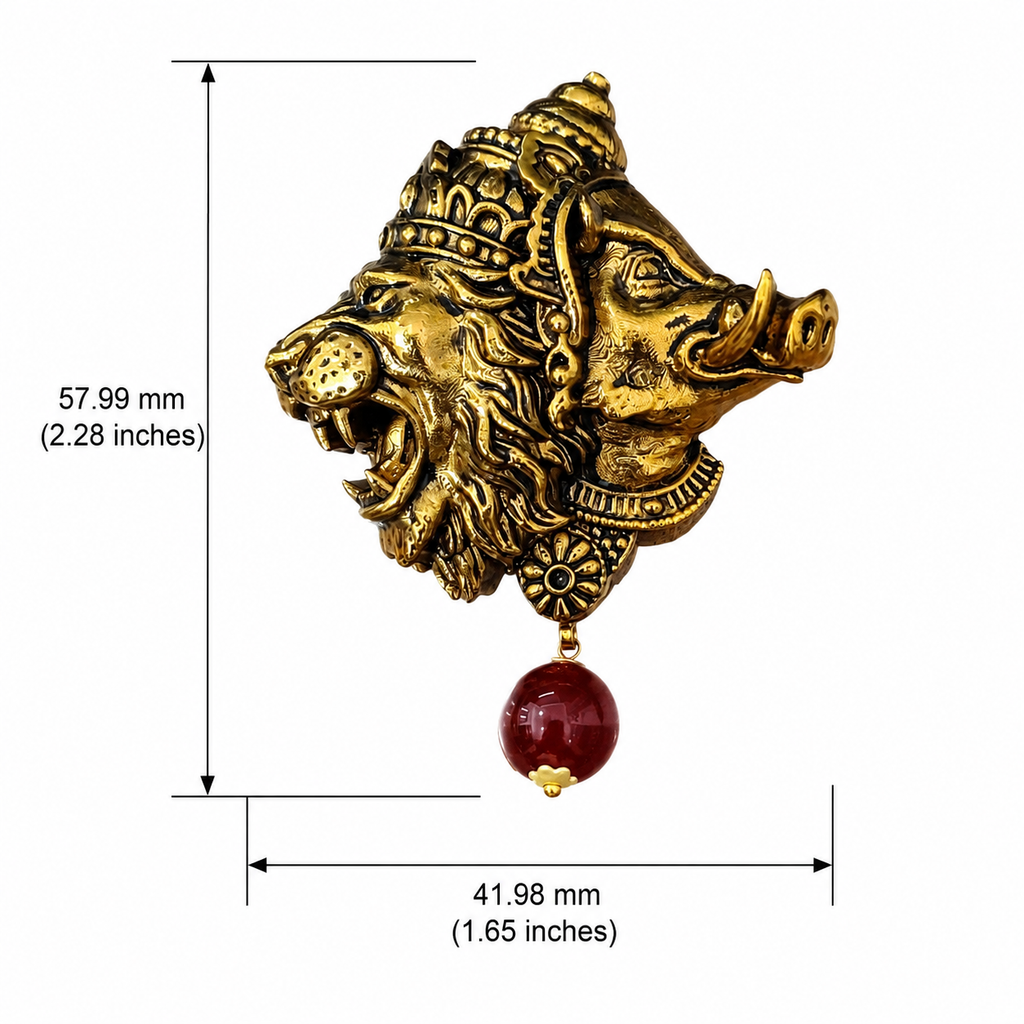 Gold Plated Brass Narasimha Varaha Avatar Brooch – Handmade Hindu God Brooch with Red Bead | Spiritual Lapel Pin for Men & Women