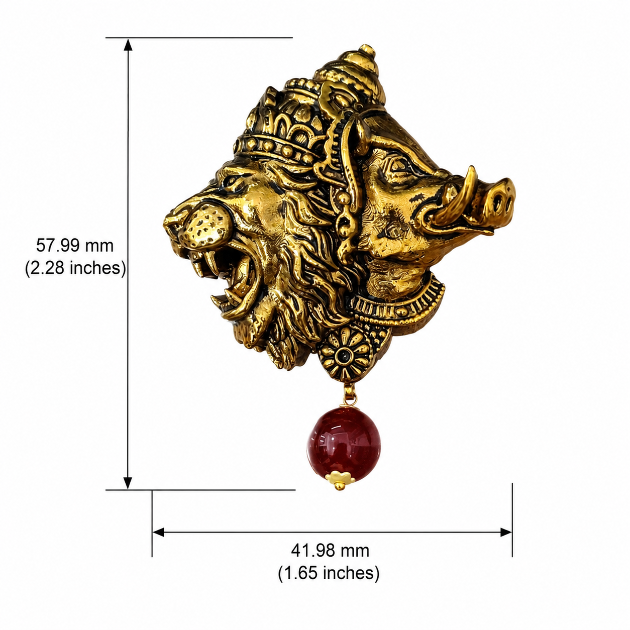 Gold Plated Brass Narasimha Varaha Avatar Brooch – Handmade Hindu God Brooch with Red Bead | Spiritual Lapel Pin for Men & Women