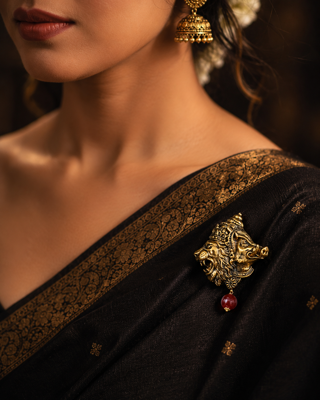 Gold Plated Brass Narasimha Varaha Avatar Brooch – Handmade Hindu God Brooch with Red Bead | Spiritual Lapel Pin for Men & Women