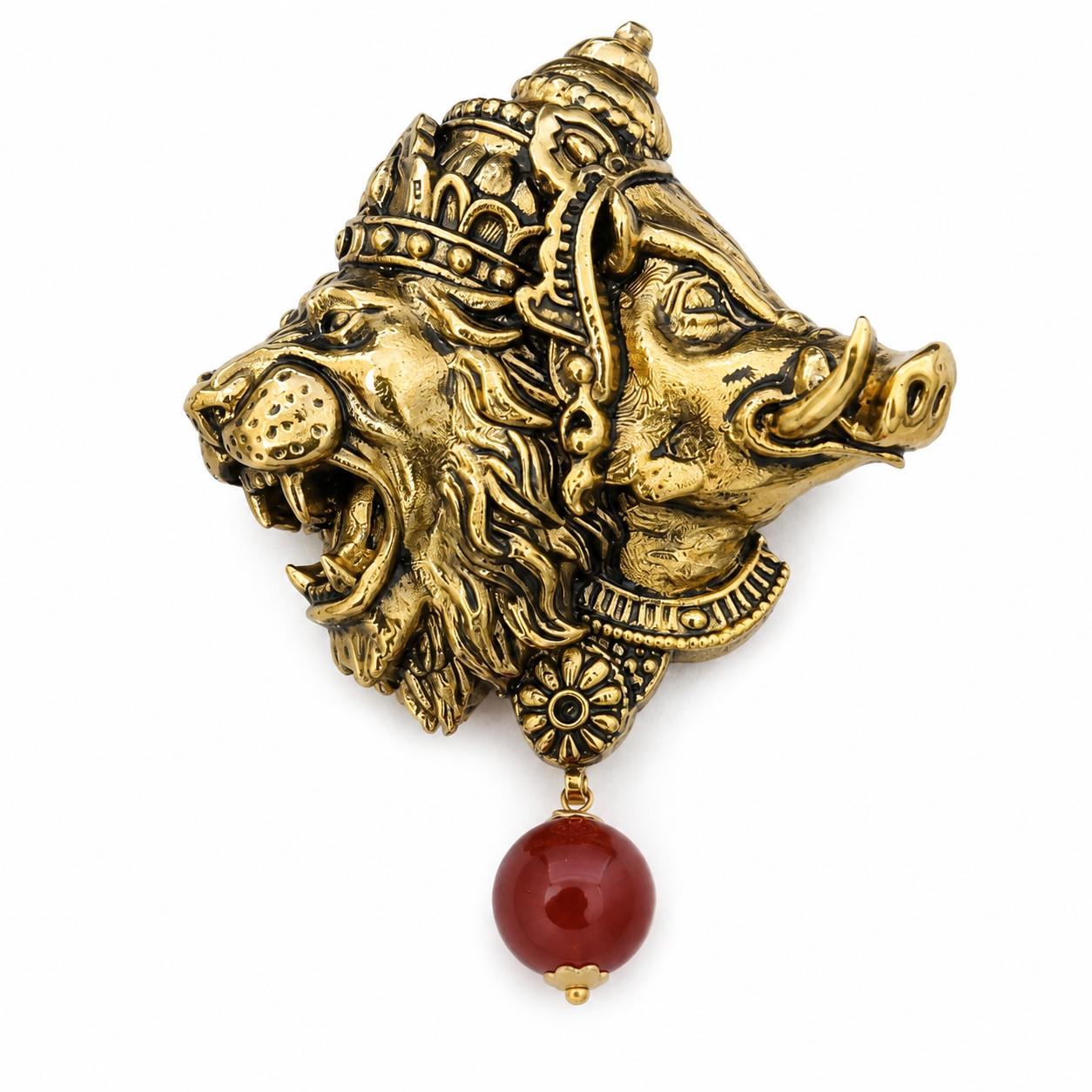 Gold Plated Brass Narasimha Varaha Avatar Brooch – Handmade Hindu God Brooch with Red Bead | Spiritual Lapel Pin for Men & Women