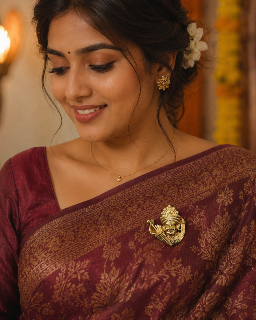 Gold Plated Brass Khatu Shyam Ji Brooch – Premium Religious Lapel Pin for Men & Women | Traditional Hindu Devotional Brooch