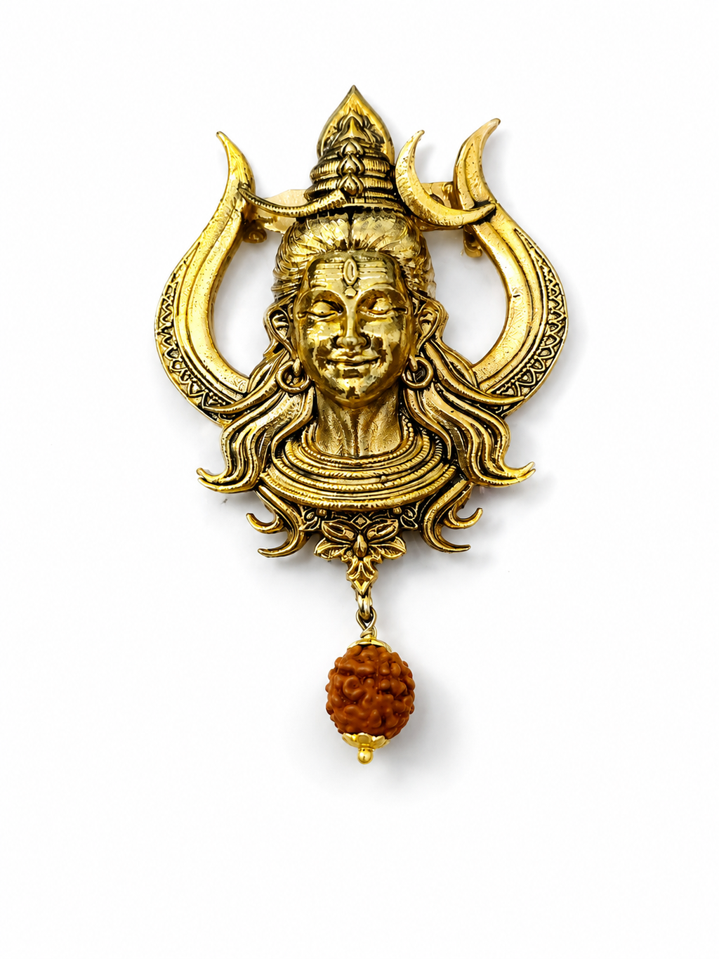 Gold Plated Brass Lord Shiva Trishul Brooch with Rudraksha Dangle | Mahadev Lapel Pin | Spiritual Temple Jewelry for Men & Women