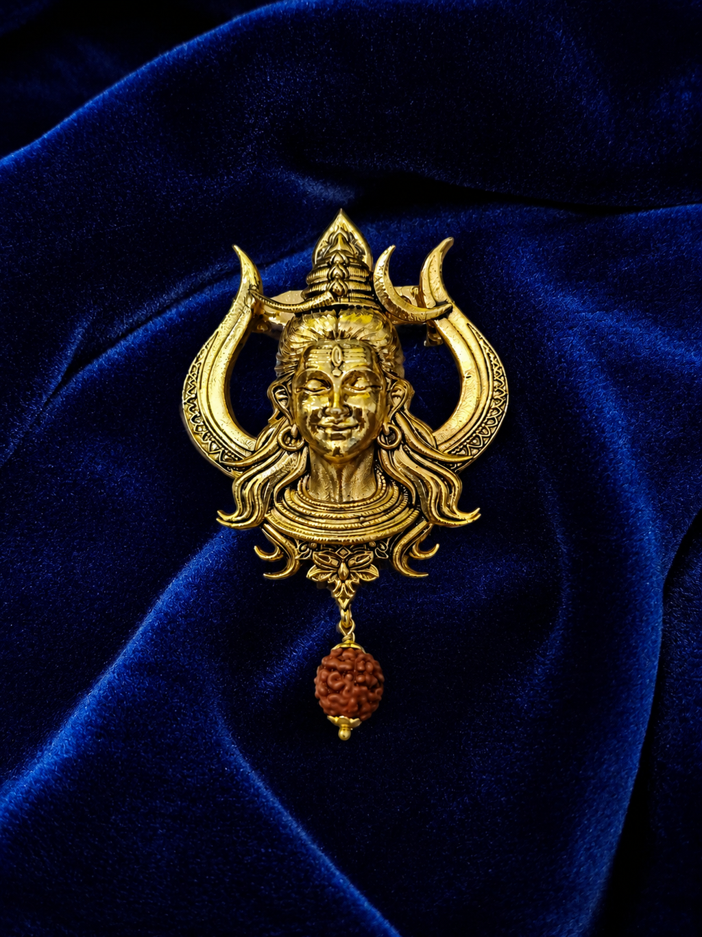 Gold Plated Brass Lord Shiva Trishul Brooch with Rudraksha Dangle | Mahadev Lapel Pin | Spiritual Temple Jewelry for Men & Women