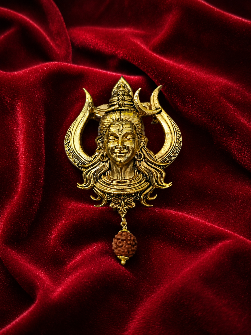 Gold Plated Brass Lord Shiva Trishul Brooch with Rudraksha Dangle | Mahadev Lapel Pin | Spiritual Temple Jewelry for Men & Women