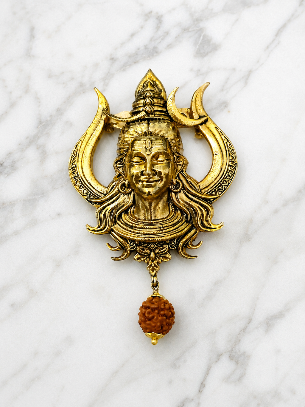 Gold Plated Brass Lord Shiva Trishul Brooch with Rudraksha Dangle | Mahadev Lapel Pin | Spiritual Temple Jewelry for Men & Women