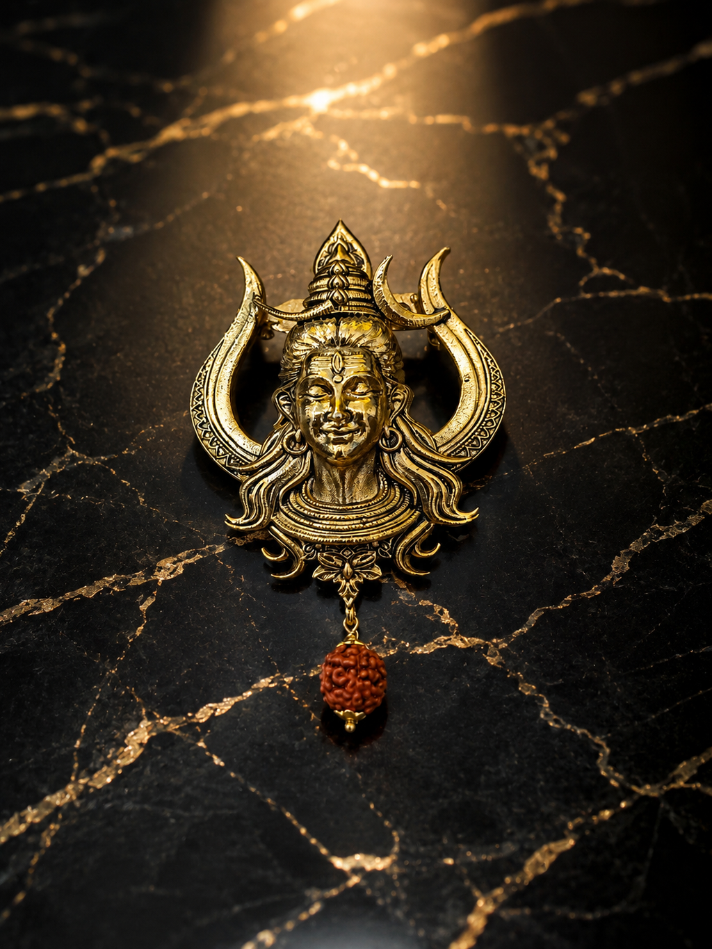 Gold Plated Brass Lord Shiva Trishul Brooch with Rudraksha Dangle | Mahadev Lapel Pin | Spiritual Temple Jewelry for Men & Women