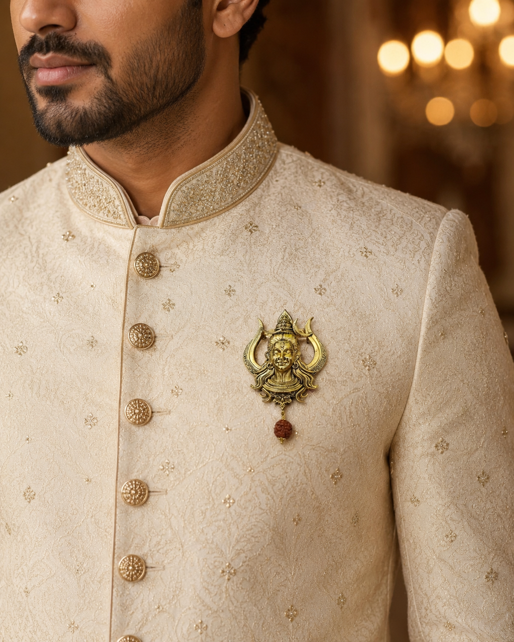 Gold Plated Brass Lord Shiva Trishul Brooch with Rudraksha Dangle | Mahadev Lapel Pin | Spiritual Temple Jewelry for Men & Women