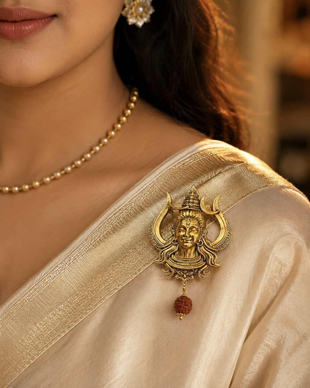 Gold Plated Brass Lord Shiva Trishul Brooch with Rudraksha Dangle | Mahadev Lapel Pin | Spiritual Temple Jewelry for Men & Women