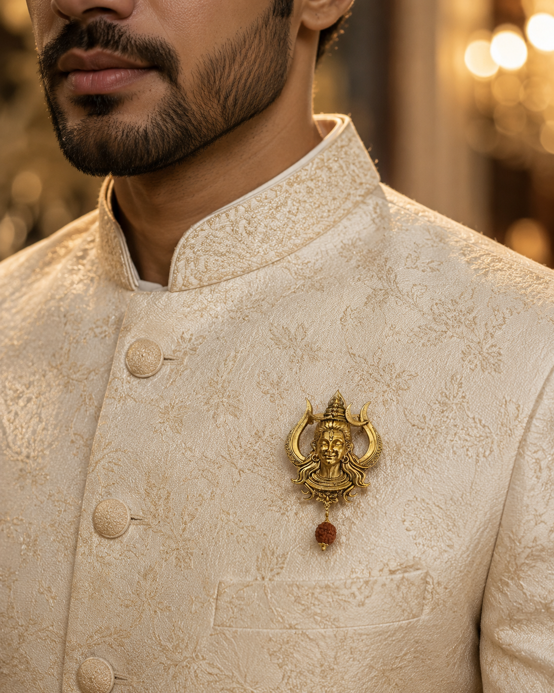 Gold Plated Brass Lord Shiva Trishul Brooch with Rudraksha Dangle | Mahadev Lapel Pin | Spiritual Temple Jewelry for Men & Women
