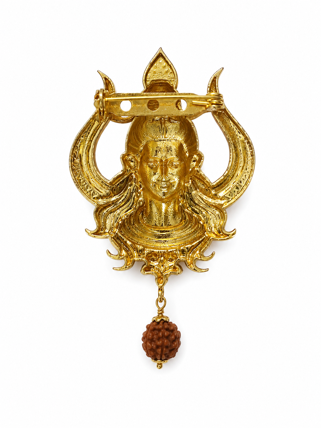 Gold Plated Brass Lord Shiva Trishul Brooch with Rudraksha Dangle | Mahadev Lapel Pin | Spiritual Temple Jewelry for Men & Women
