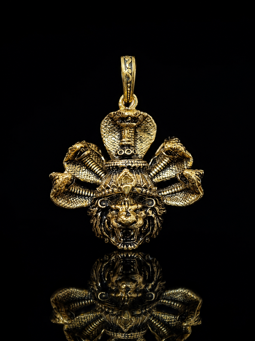 Gold Plated Brass Sheshnaag & Narasimha Pendant | Lord Vishnu Temple Pendant | Hindu Religious Pendant |