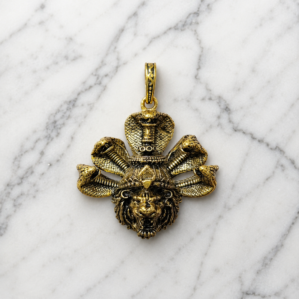 Gold Plated Brass Sheshnaag & Narasimha Pendant | Lord Vishnu Temple Pendant | Hindu Religious Pendant |