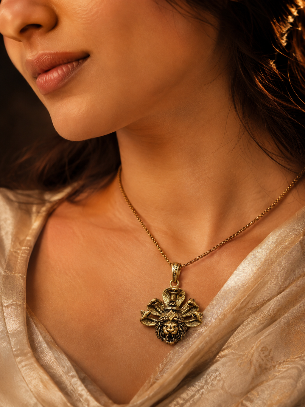 Gold Plated Brass Sheshnaag & Narasimha Pendant | Lord Vishnu Temple Pendant | Hindu Religious Pendant |