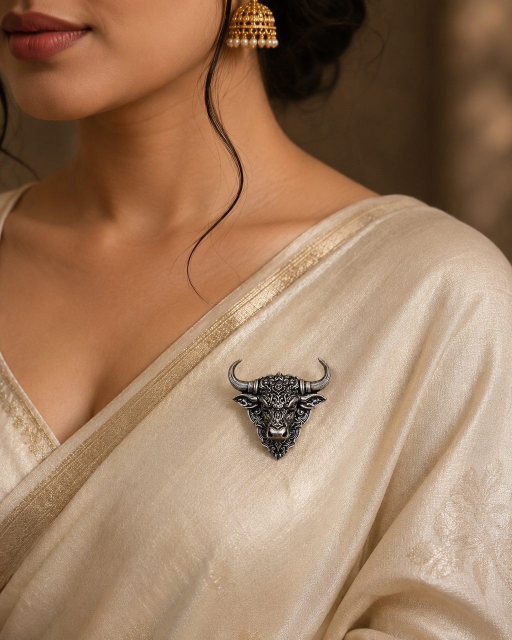 Premium Oxidized Silver Plated Brass Nandi Bull Brooch – Traditional Shiva Devotional Lapel Pin for Men & Women