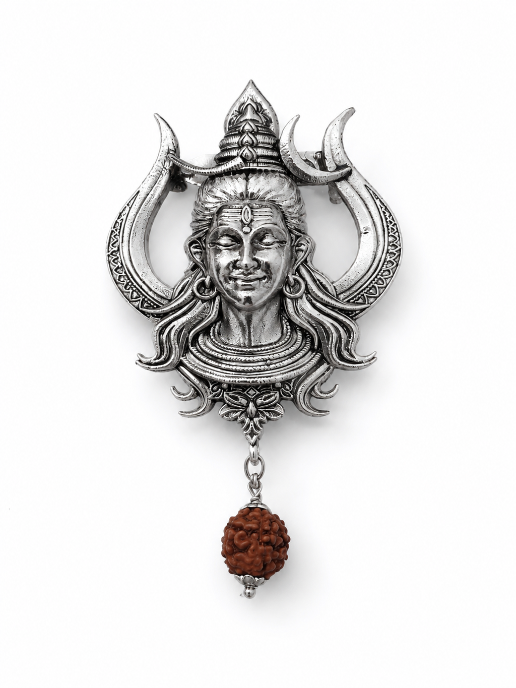 Handcrafted Lord Shiva Brooch with Rudraksha | Oxidized Silver Plated Brass Mahadev Brooch | Spiritual Devotional Pin for Men & Women