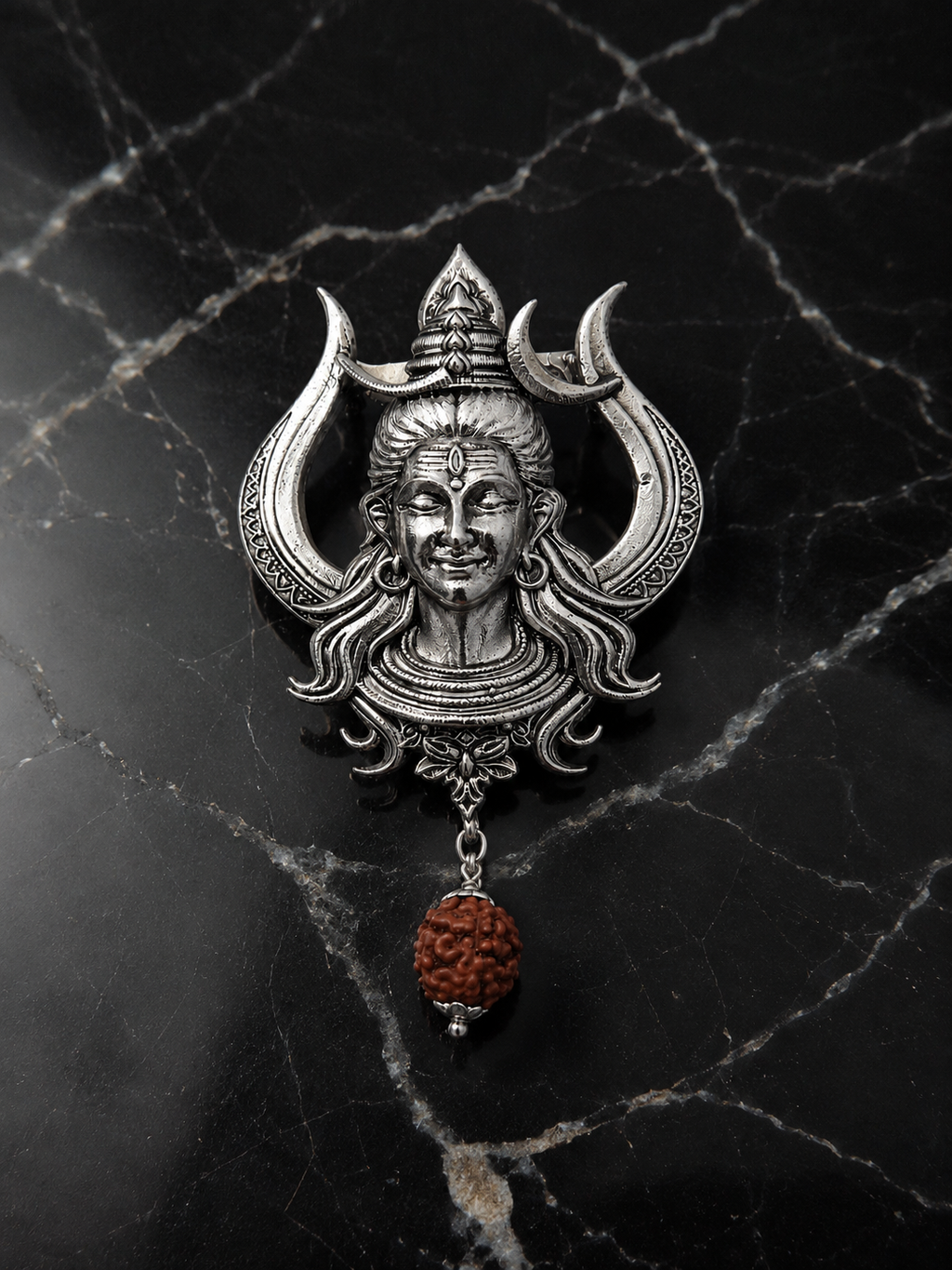 Handcrafted Lord Shiva Brooch with Rudraksha | Oxidized Silver Plated Brass Mahadev Brooch | Spiritual Devotional Pin for Men & Women