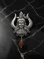 Handcrafted Lord Shiva Brooch with Rudraksha | Oxidized Silver Plated Brass Mahadev Brooch | Spiritual Devotional Pin for Men & Women