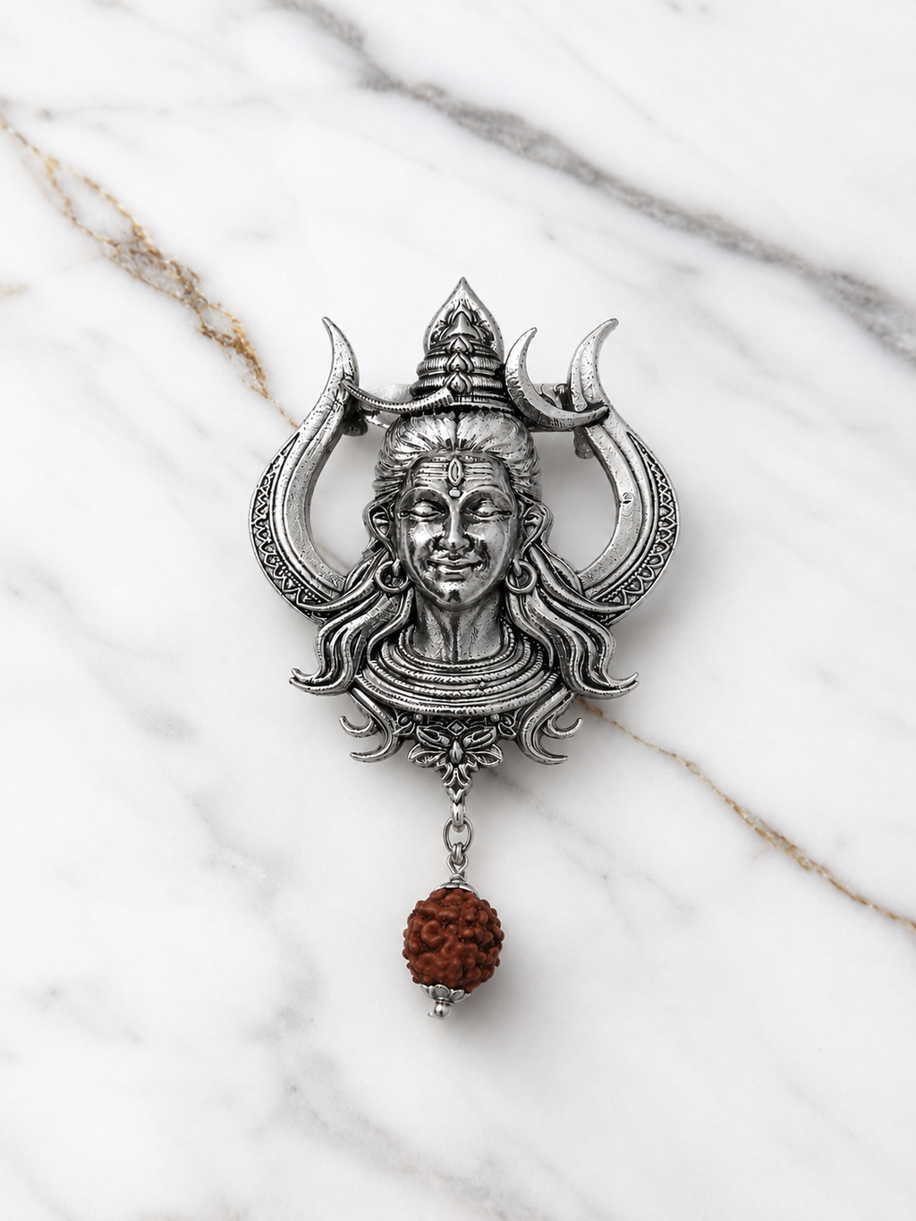 Handcrafted Lord Shiva Brooch with Rudraksha | Oxidized Silver Plated Brass Mahadev Brooch | Spiritual Devotional Pin for Men & Women