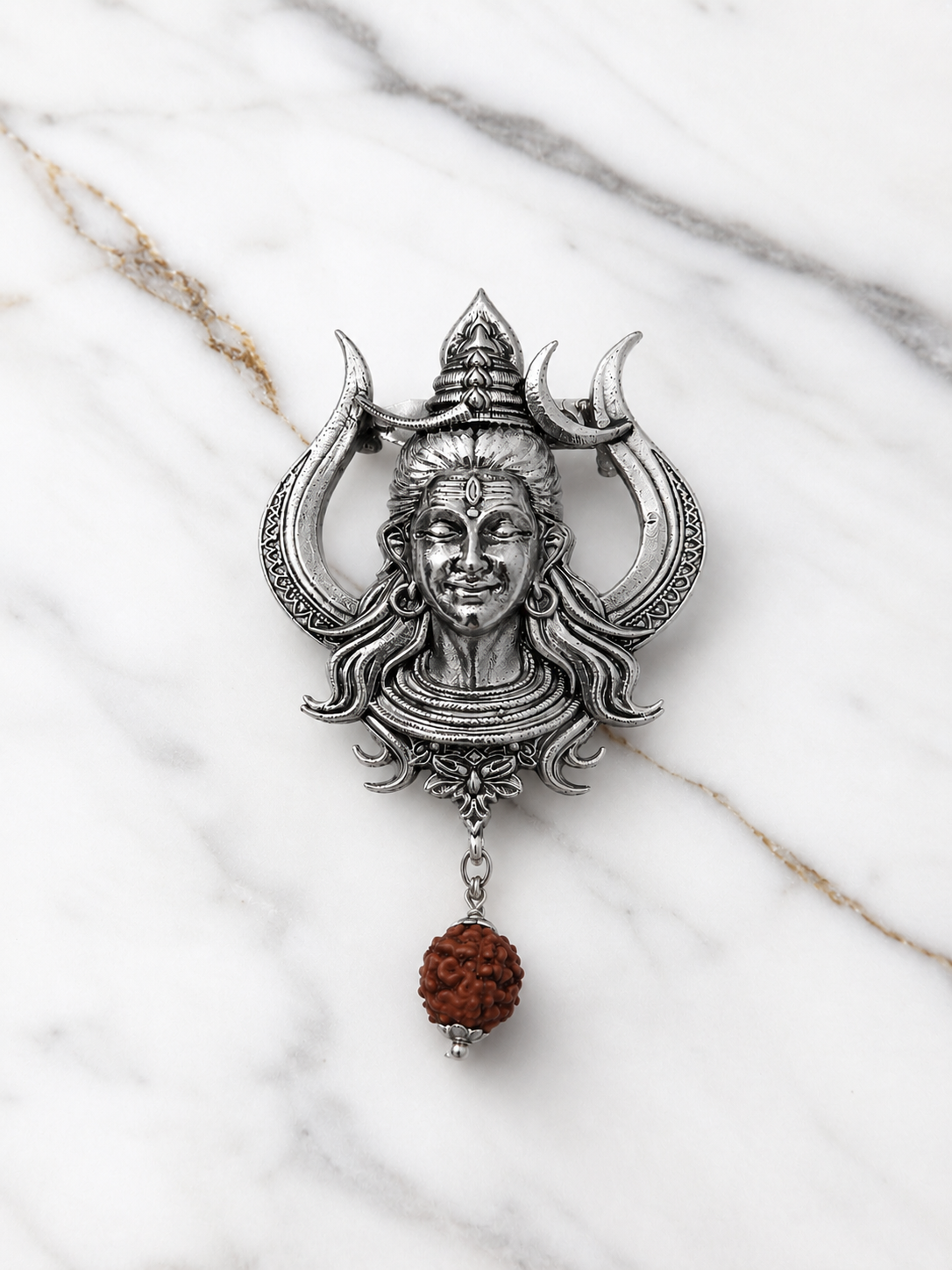 Handcrafted Lord Shiva Brooch with Rudraksha | Oxidized Silver Plated Brass Mahadev Brooch | Spiritual Devotional Pin for Men & Women