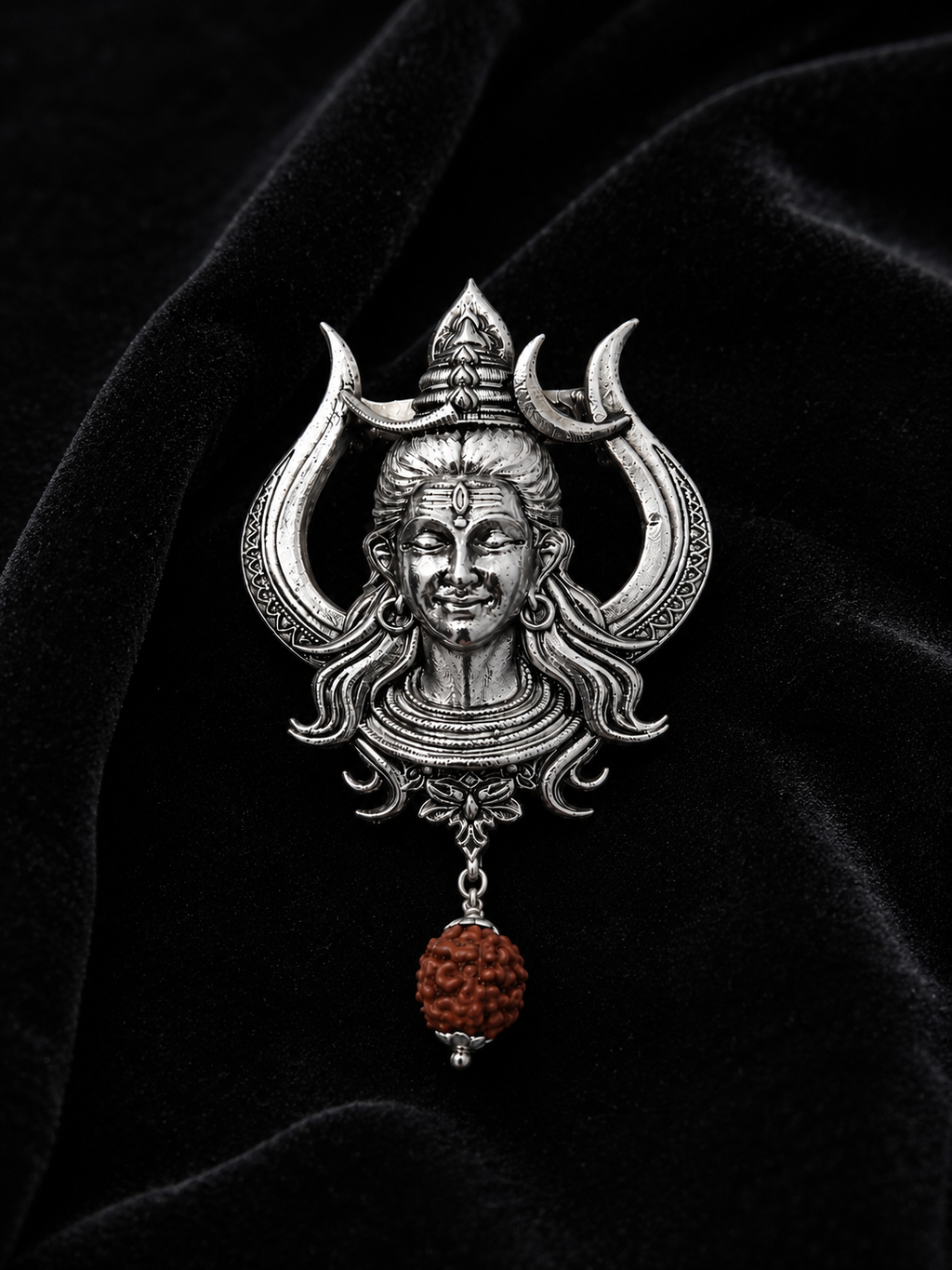 Handcrafted Lord Shiva Brooch with Rudraksha | Oxidized Silver Plated Brass Mahadev Brooch | Spiritual Devotional Pin for Men & Women
